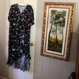 BloomChic  Tropical Floral Asymmetrical Ruffle Hem V~Neck Dress Size 22